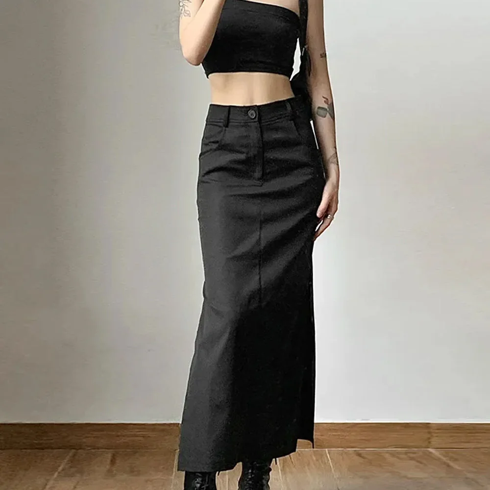 Chic Black Cotton Polyester Long Skirt