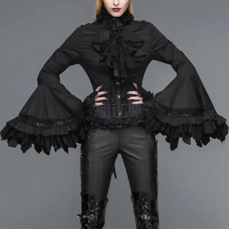 Gothic Style Cotton & Polyester Blend Womens Black Blouse