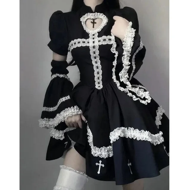 Black Gothic Style Premium Cotton Polyester Womens Dress