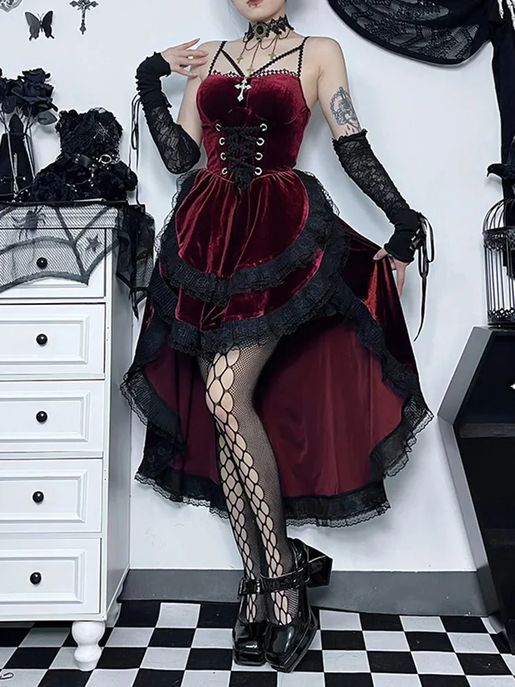 Elegant Gothic Vintage Velvet Dress Red Premium Quality