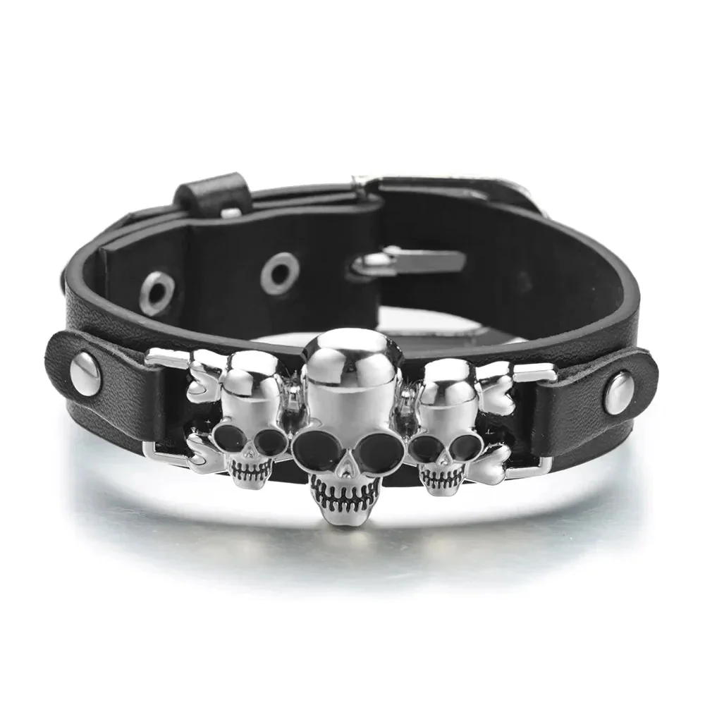 Skull Print Leather Bracelet - Stylish Gothic Mens Wristband