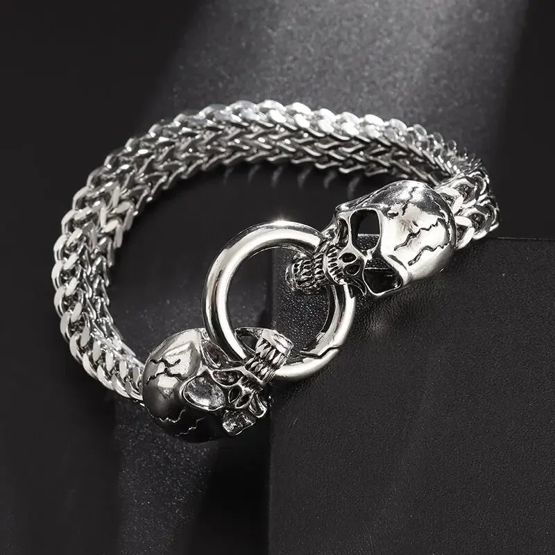 Silver Skull Bracelet Mens Stainless Steel & Zinc Alloy