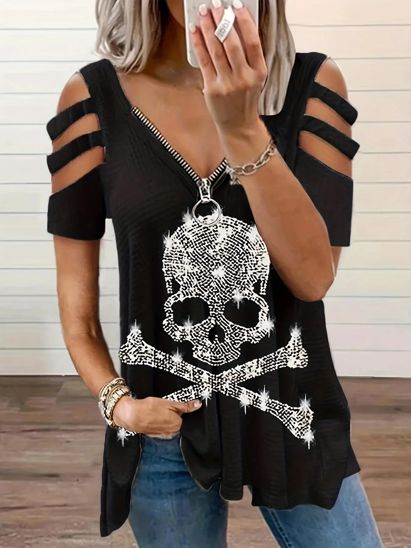 Black Skull Print Womens Cotton Polyester Blend T-Shirt