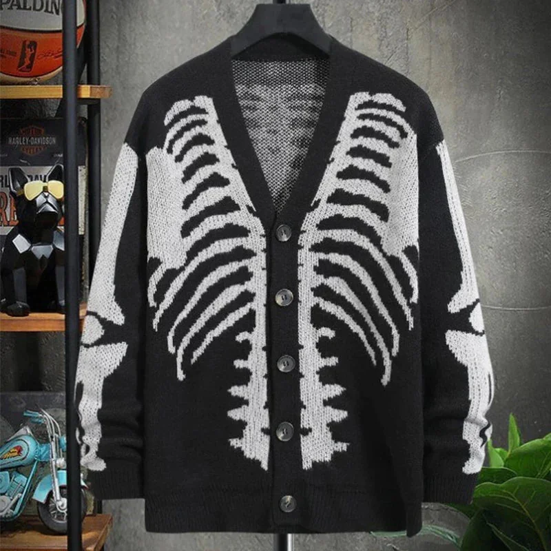 Black Skull Pattern Cardigan Mens Sweater