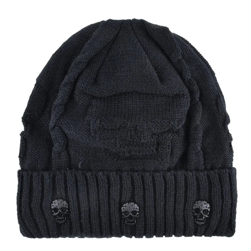 Mens Skull Beanie Black Gray Blue Adult Premium Cotton Acrylic Blend