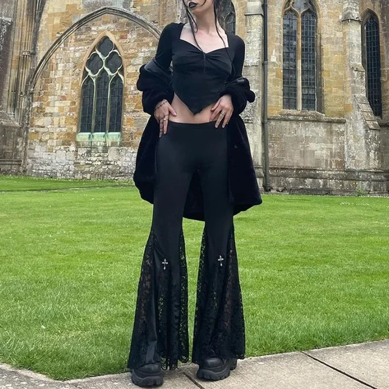 Black Gothic Flare Pants Womens Premium Cotton Polyester Blend