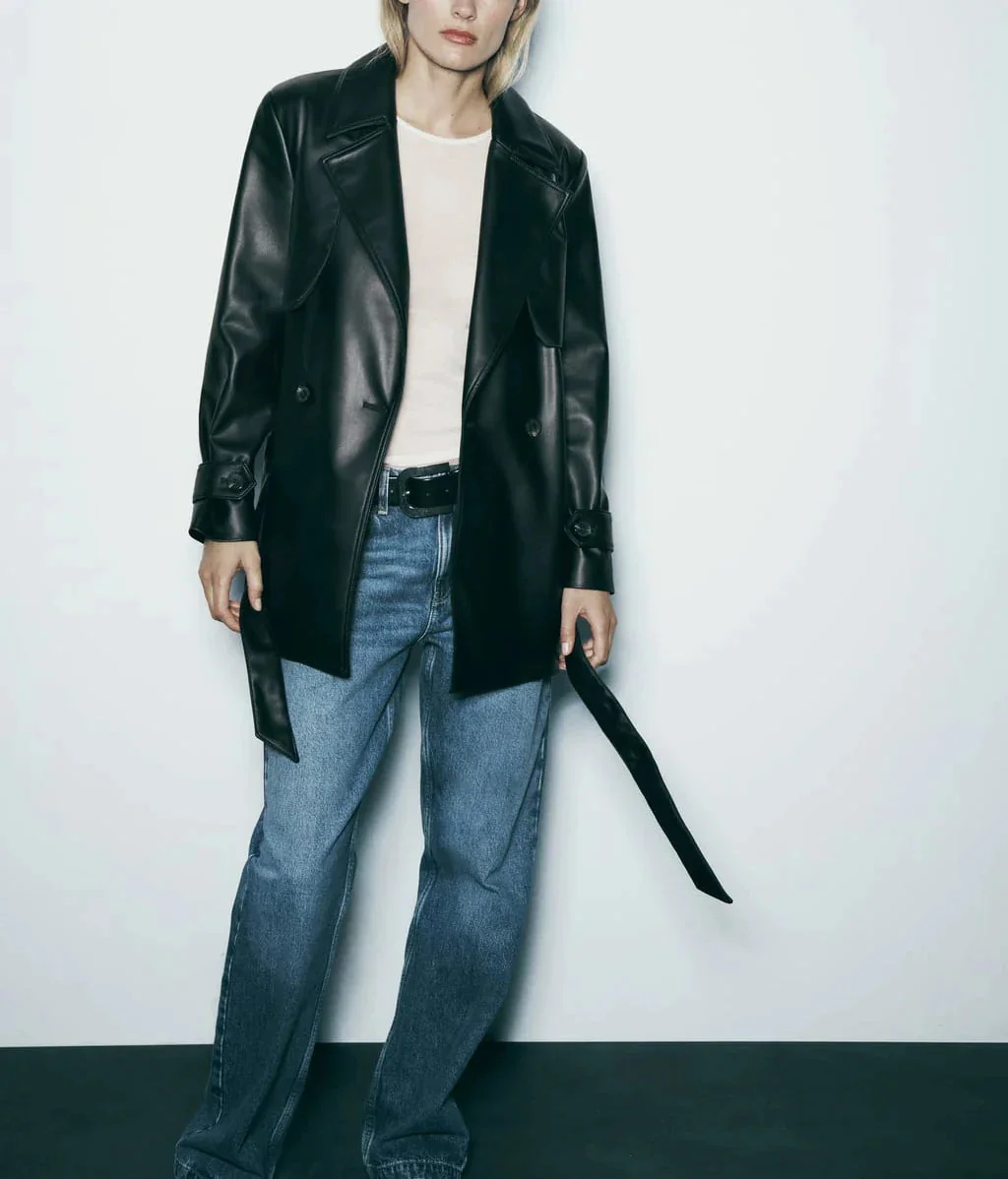 Classic Black Leather Trench Jacket
