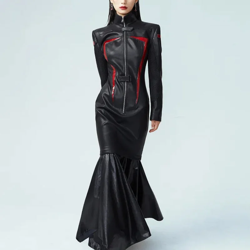 Black Faux Leather A-Line Dress Premium PU Womens Dress