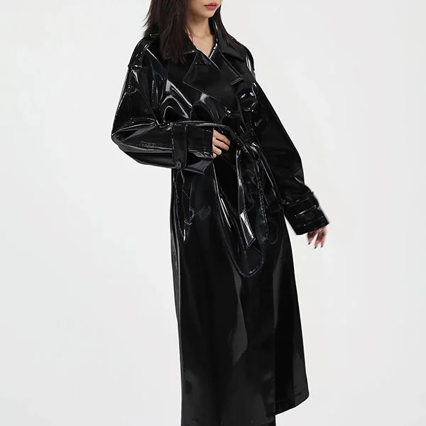 Chic Black Leather Trench Jacket for Women