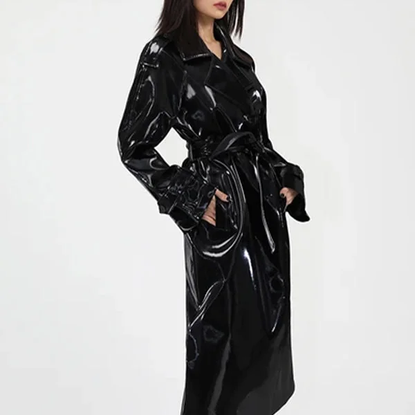 Chic Black Leather Trench Jacket for Women