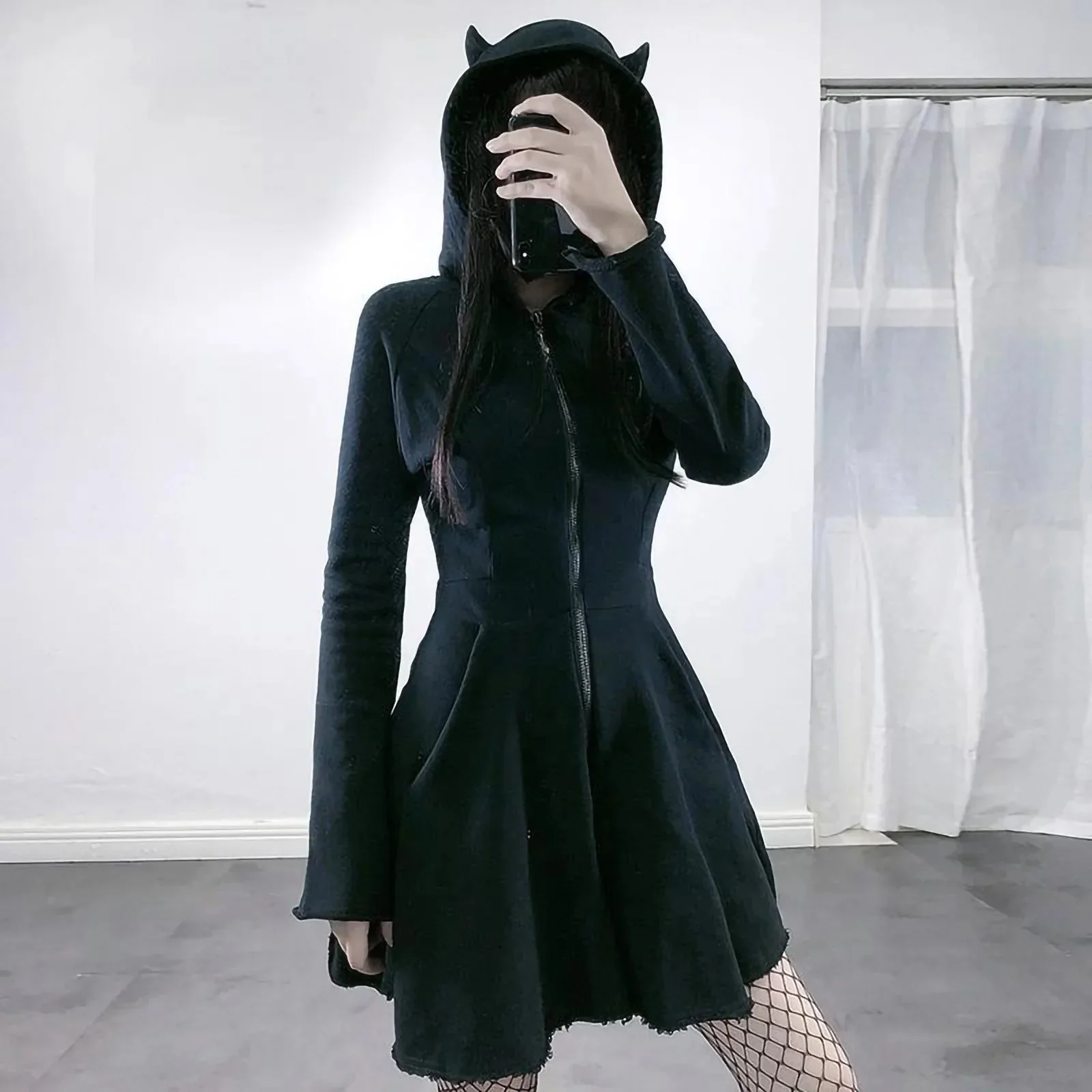 Chic Hooded Cotton-Polyester Dress for Women