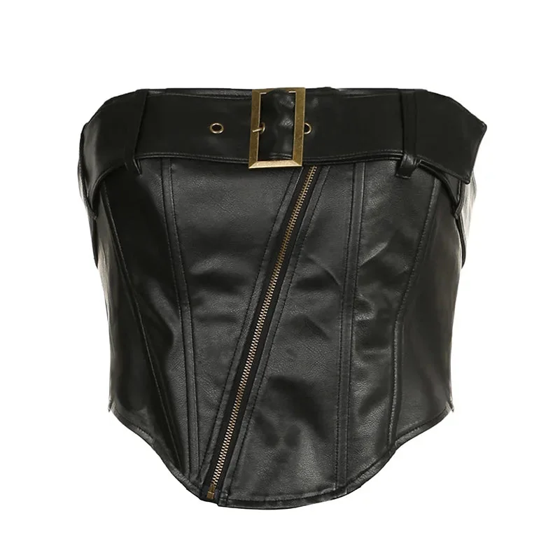 Black Faux Leather Womens Top