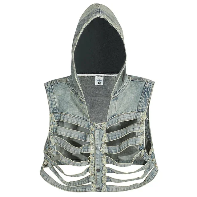 Denim Hooded Vest with Skeleton Design
