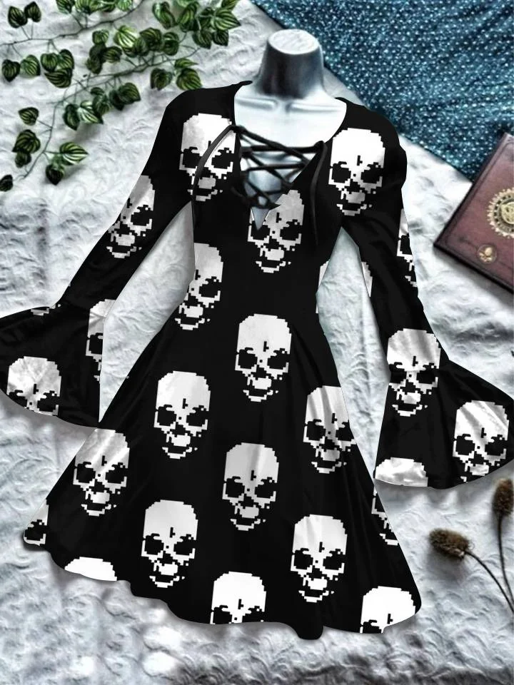 Limited Edition Skull Print Womens Dress in Black Cotton Polyester Blend