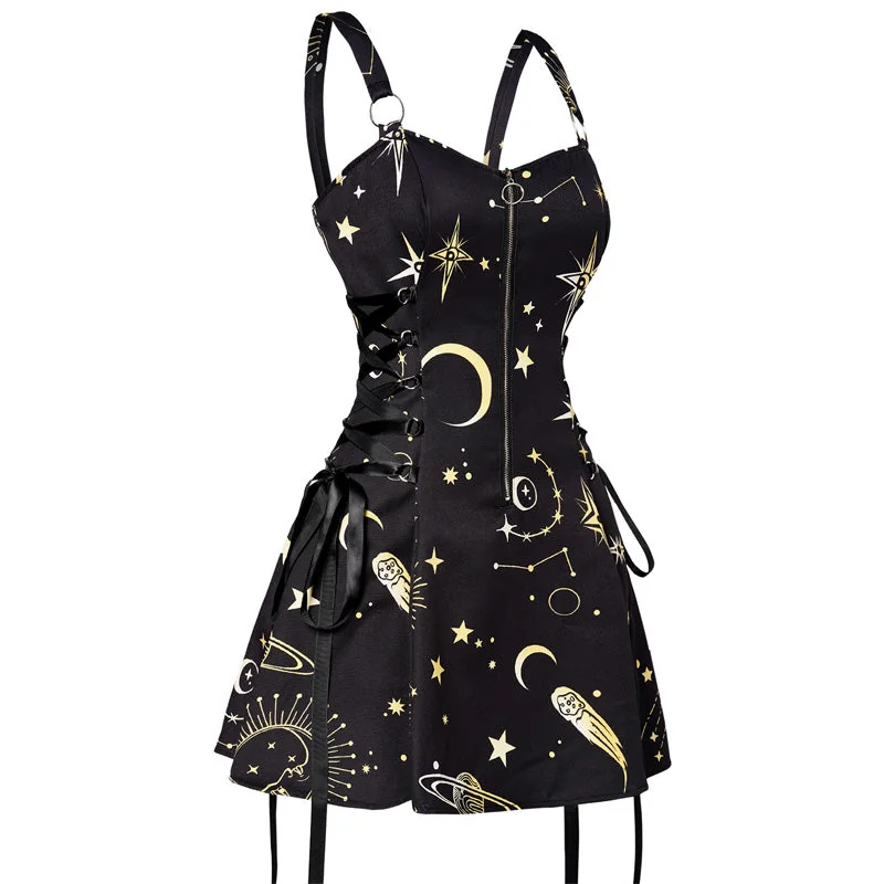 Black Celestial Moon Cotton Polyester Blend Dress