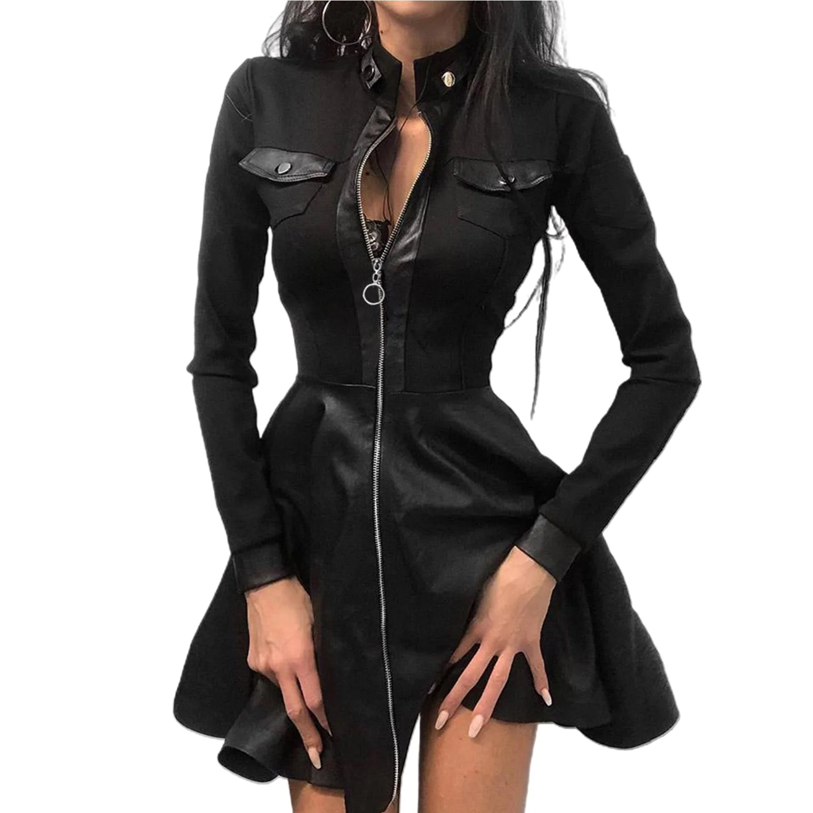 Gothic Zipper Black Cotton Polyester Blend Dress