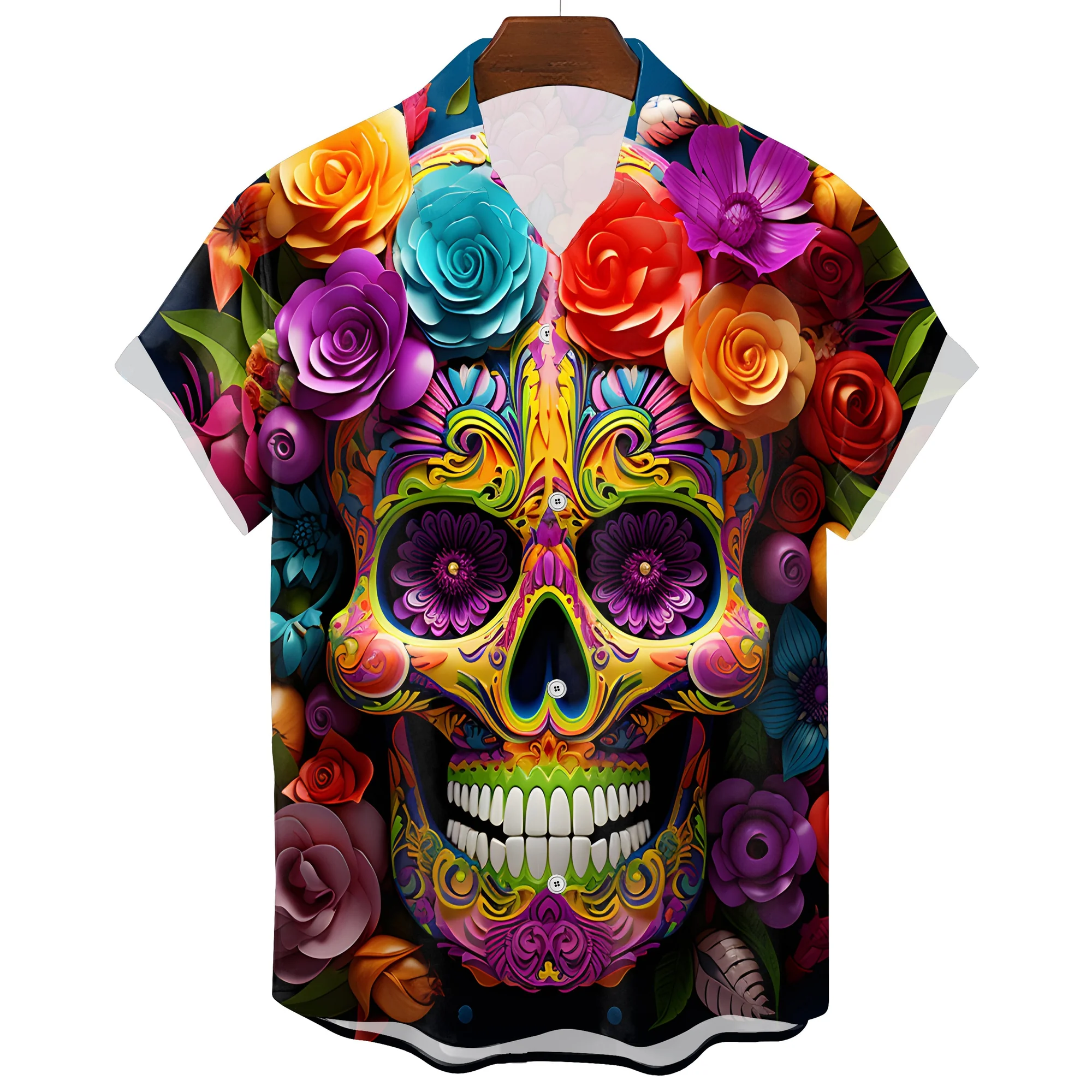 Skull Print Hawaiian T-Shirt in Black, Premium Quality