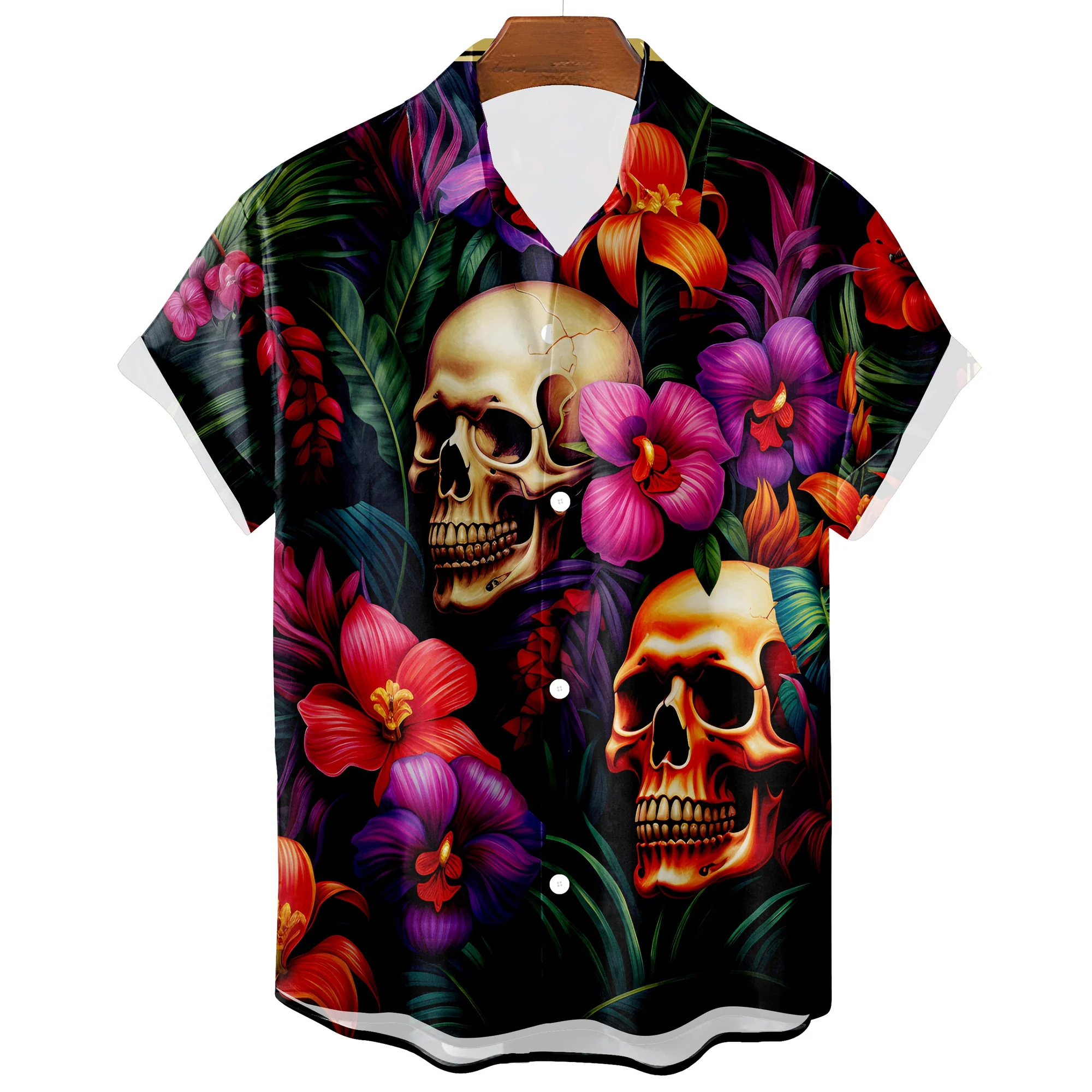 Skull Print Hawaiian Style Mens T-Shirt | Premium Spandex Polyester Blend