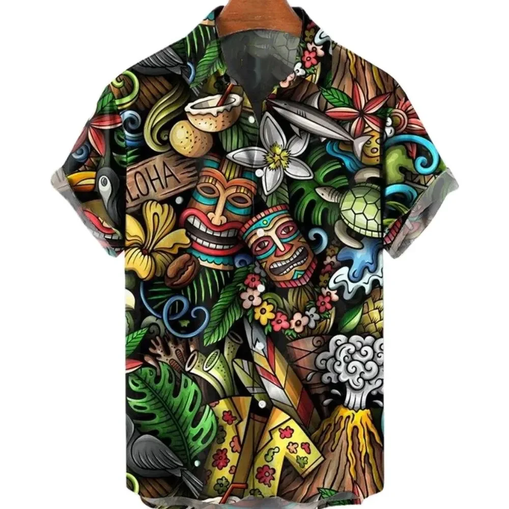 Colorful Hawaiian Tiki Print Shirt for Men