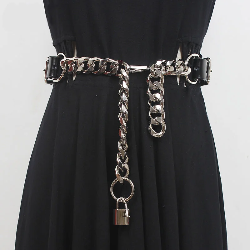 Padlock Chain Belt for Women in Black, Stylish Accessory