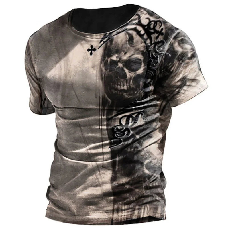 Gothic Skull Print Mens T-Shirt in Black, Premium Cotton Polyester Blend