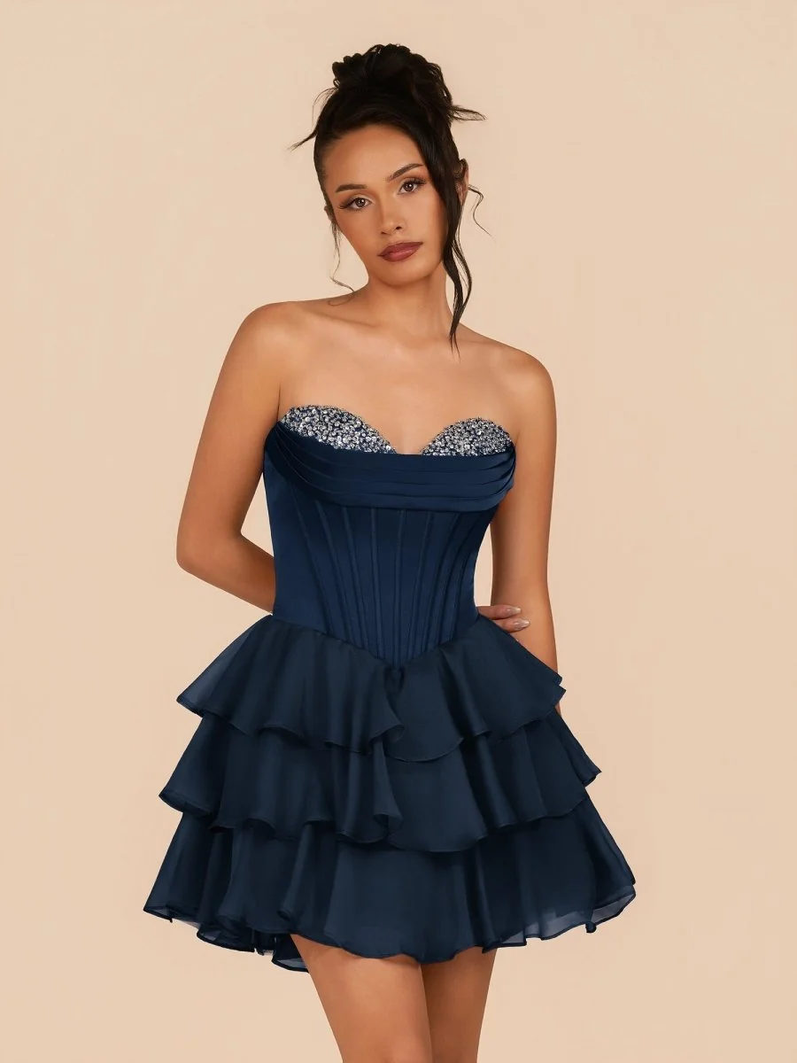 Strapless Navy Blue A-Line Homecoming Dress with Ruffles and Beading