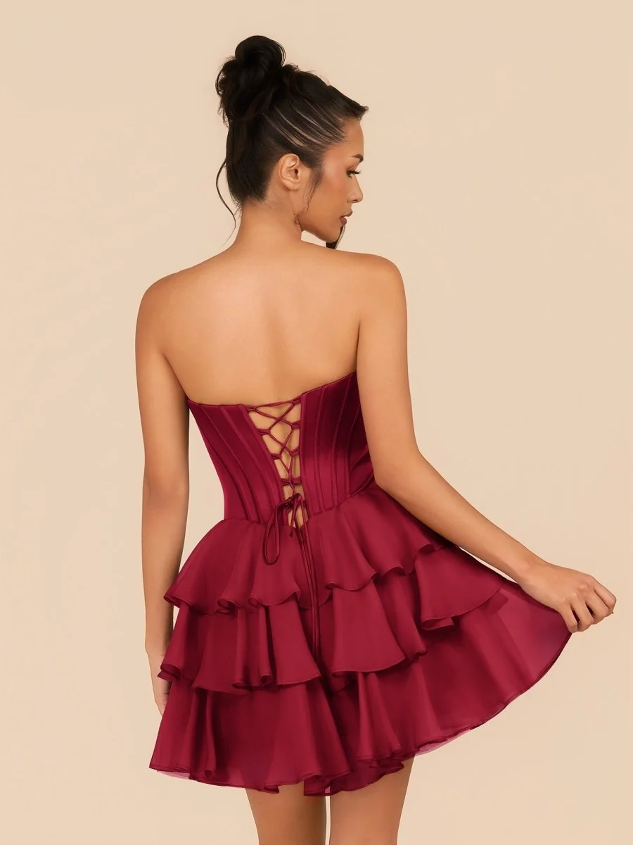 Burgundy Strapless A-Line Ruffles Homecoming Dress with Beading
