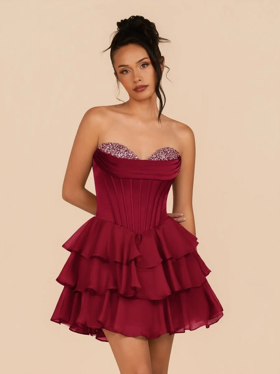 Burgundy Strapless A-Line Ruffles Homecoming Dress with Beading