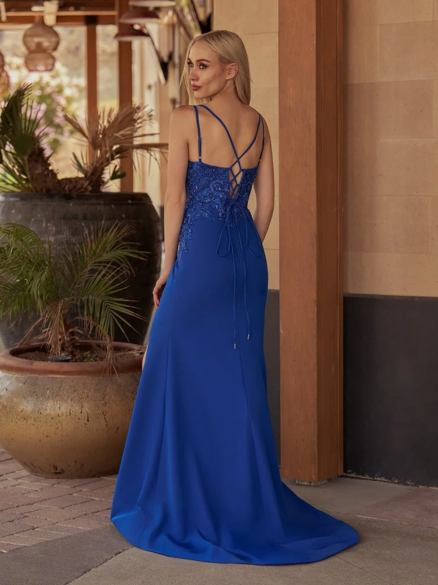 Royal Blue Mermaid V Neck Satin Prom Dress with Beading