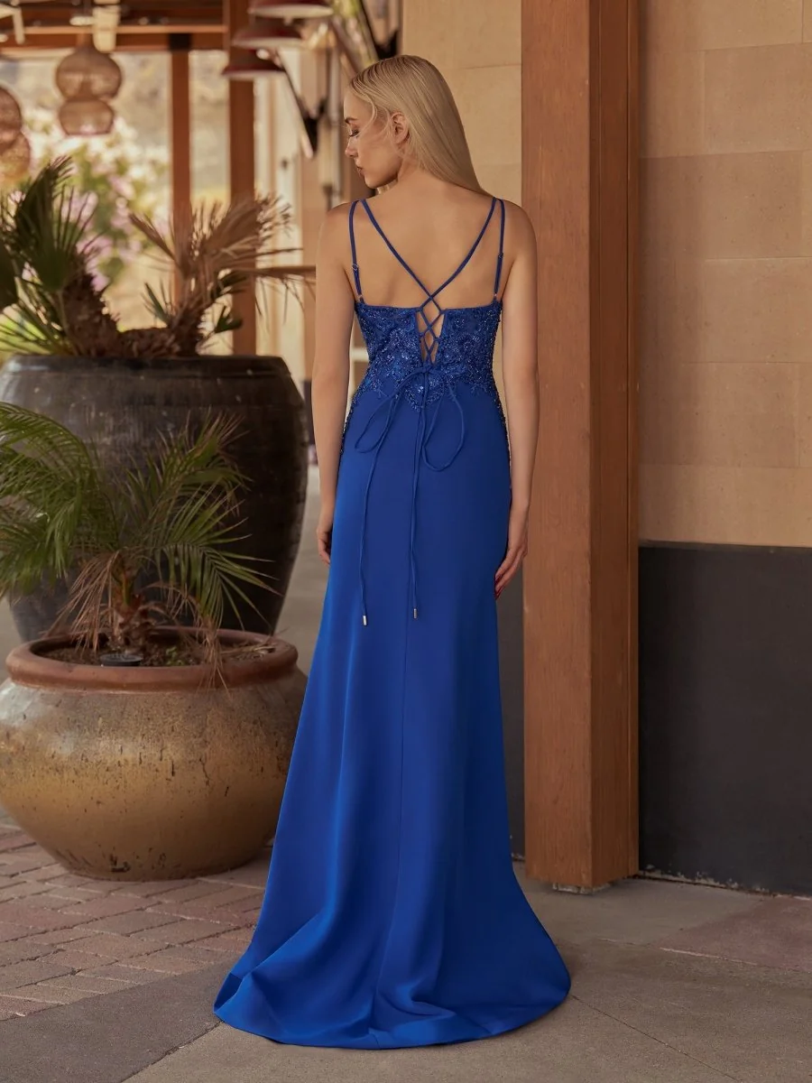 Royal Blue Mermaid V Neck Satin Prom Dress with Beading