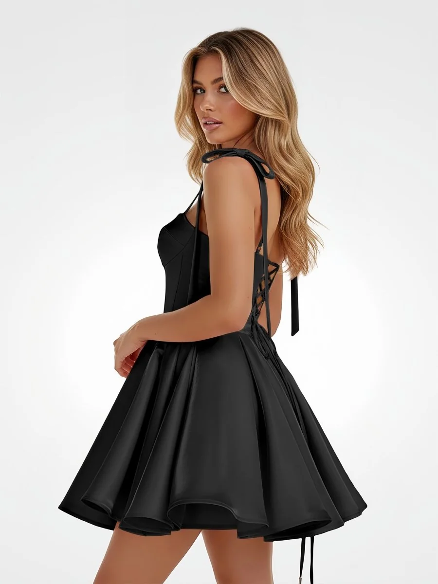 Black Satin A-Line Homecoming Dress with Spaghetti Straps & Bow Detail