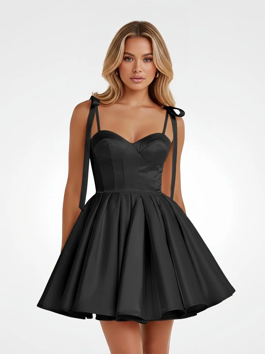 Black Satin A-Line Homecoming Dress with Spaghetti Straps & Bow Detail