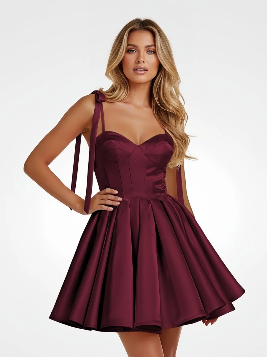 Burgundy Satin A-Line Homecoming Dress with Bow Detail