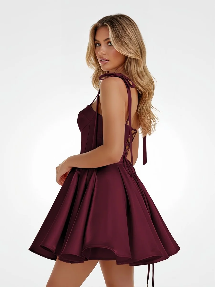 Burgundy Satin A-Line Homecoming Dress with Bow Detail