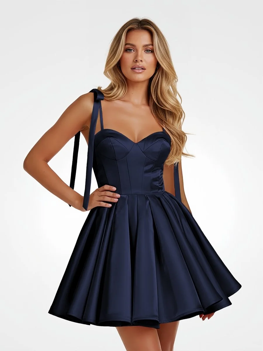 Navy Blue Satin A-Line Homecoming Dress with Bow Detail