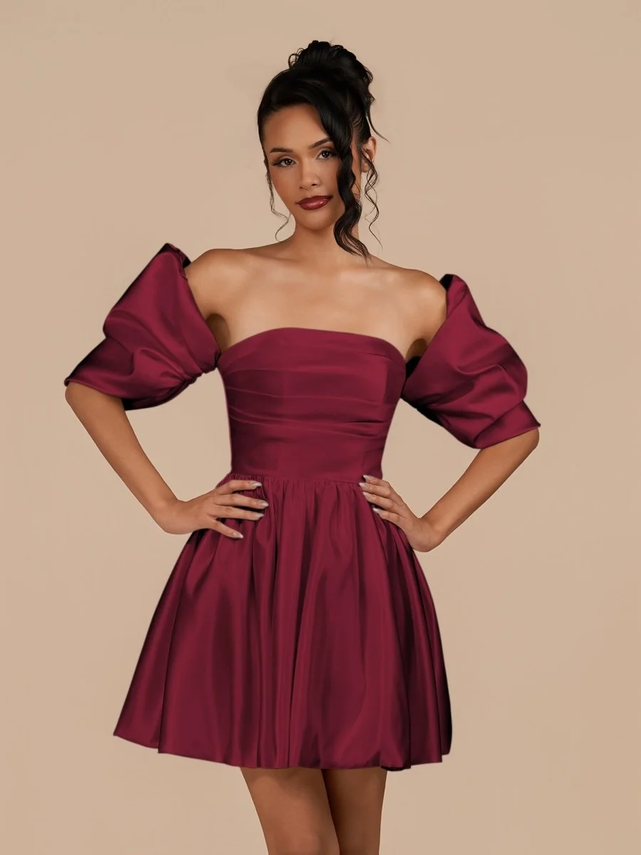 Burgundy Satin Square Neck Puffed Sleeves A-Line Homecoming Dress