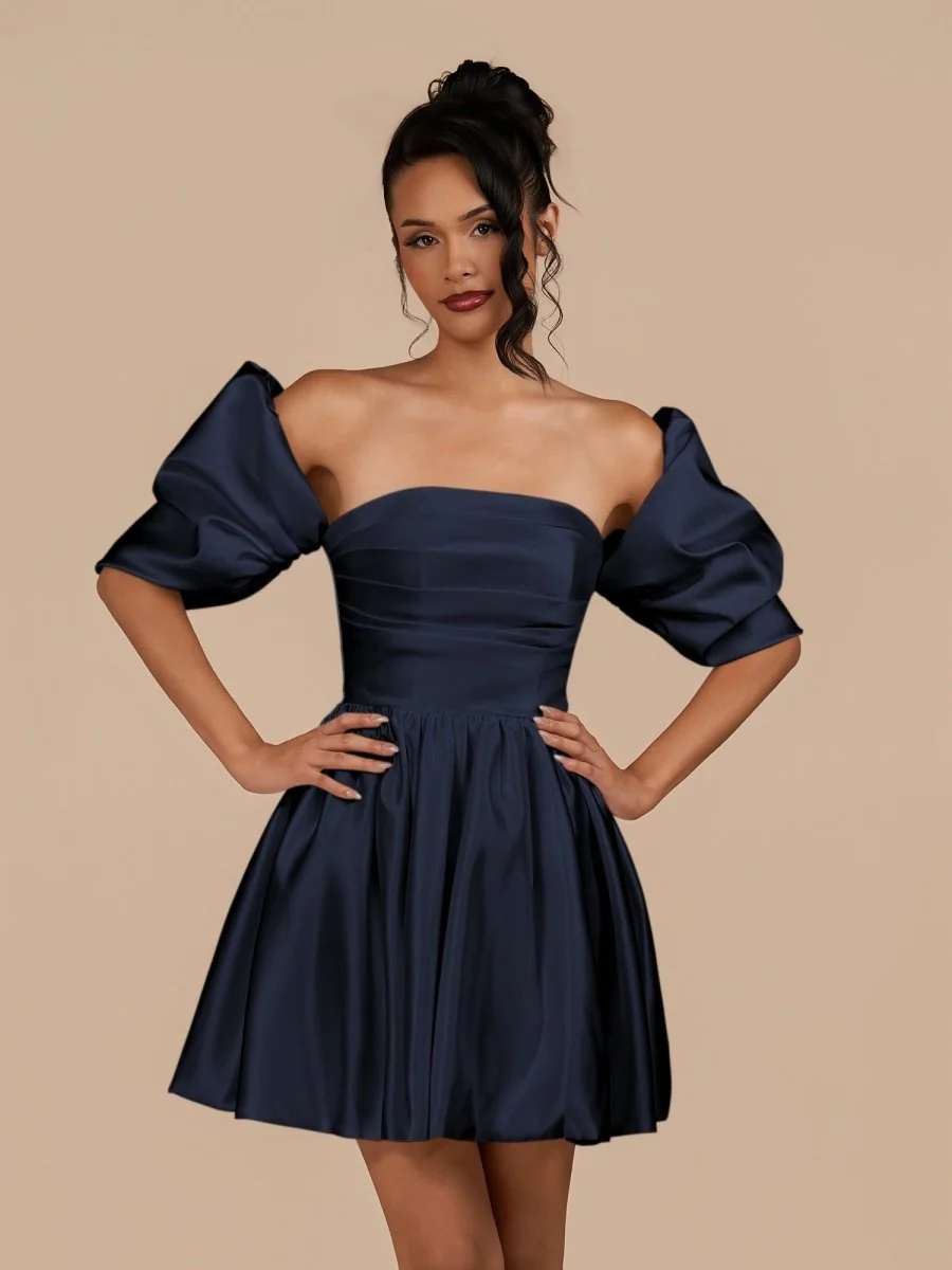 Navy Blue Satin Square Neck Puffed Sleeves A-Line Homecoming Dress