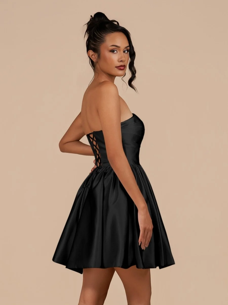 Elegant Black Satin Square Neck A-Line Homecoming Dress