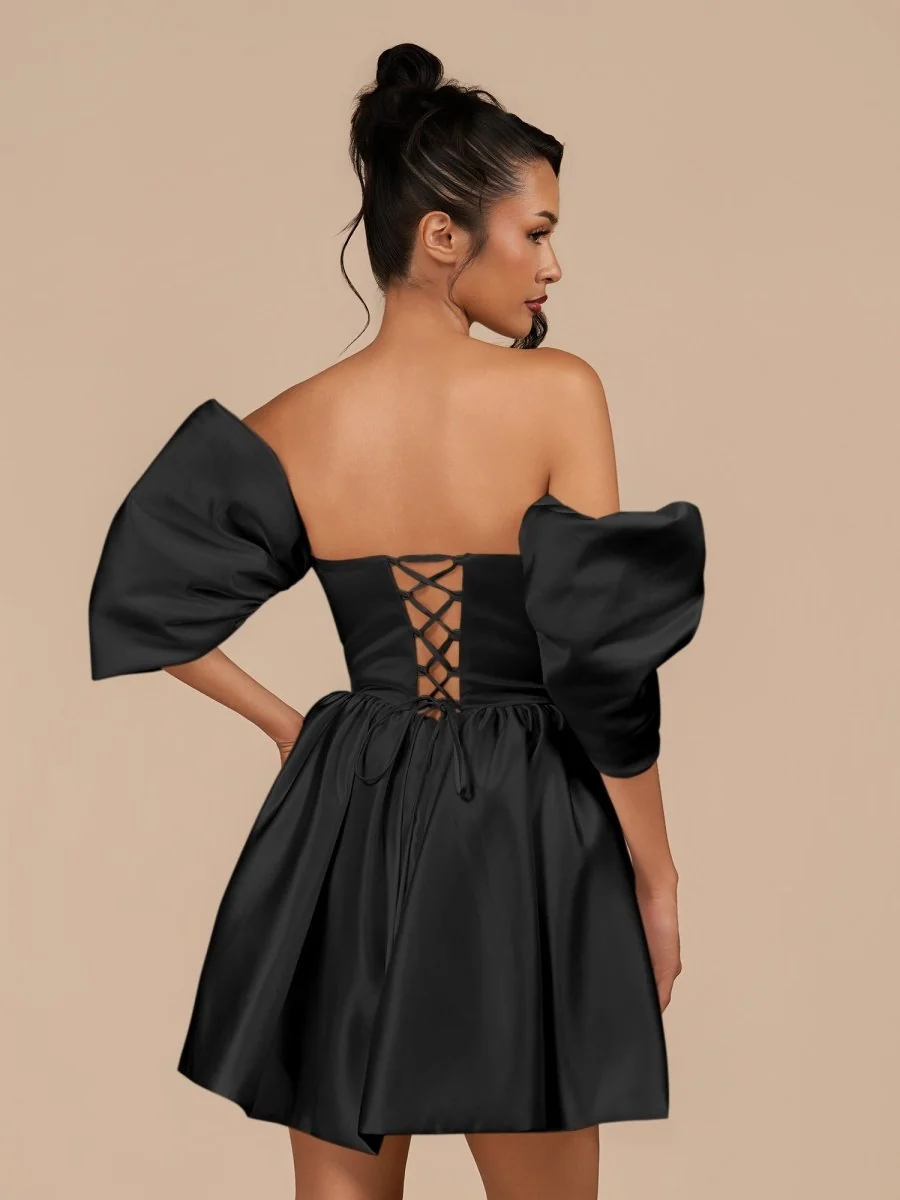 Elegant Black Satin Square Neck A-Line Homecoming Dress