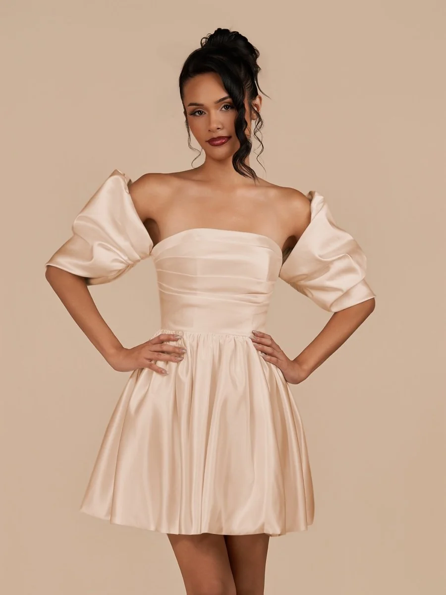 Champagne Satin Square Neck A-Line Homecoming Dress