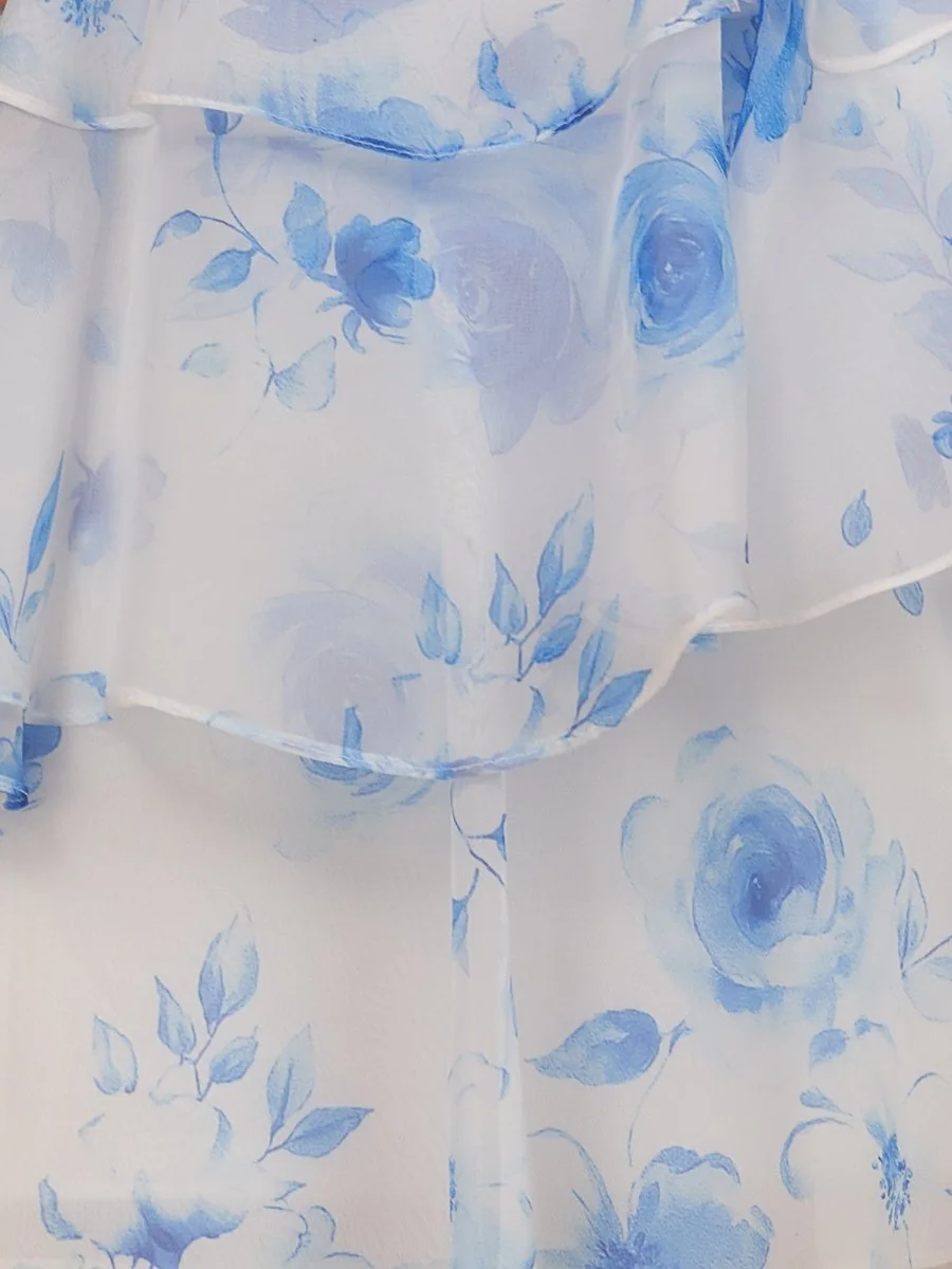 Blue Floral Chiffon A Line Strapless Homecoming Dress with Beads