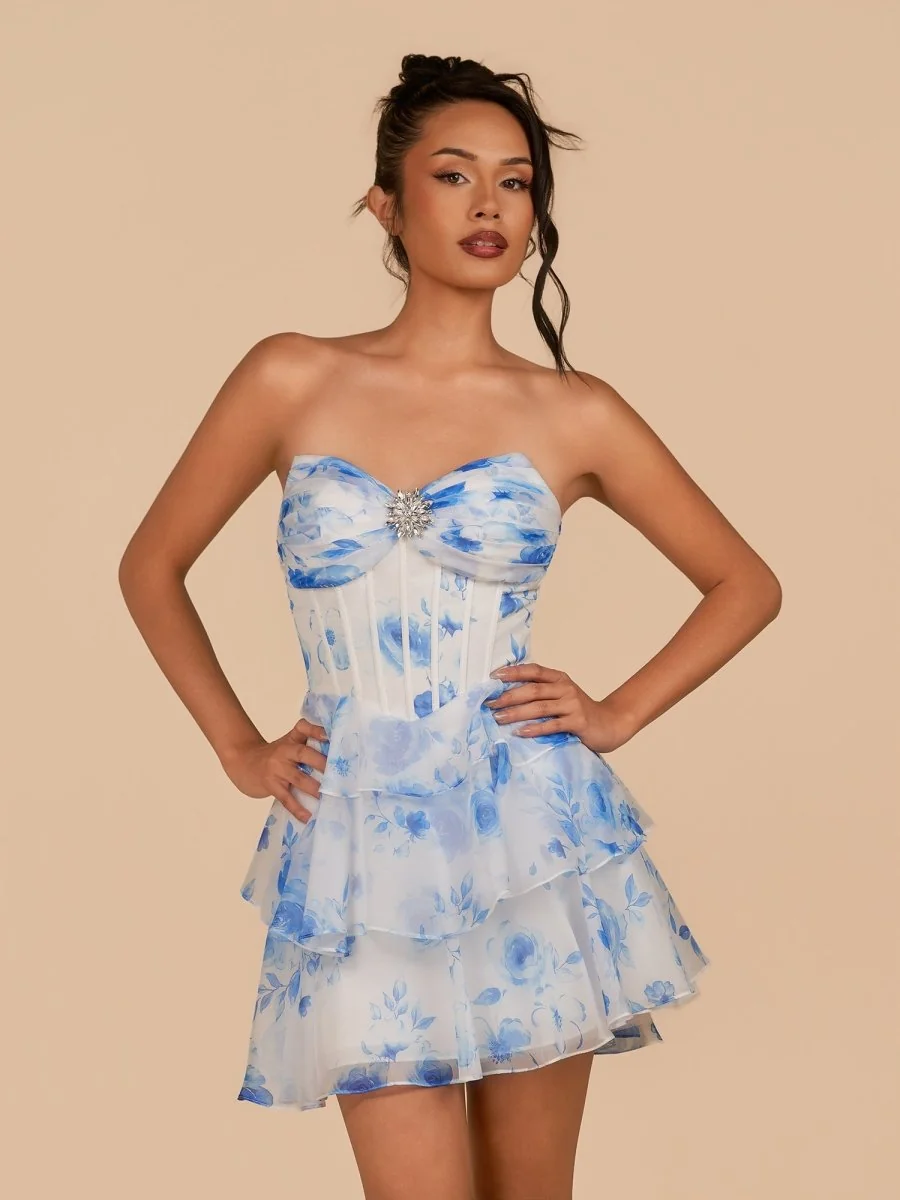 Blue Floral Chiffon A Line Strapless Homecoming Dress with Beads
