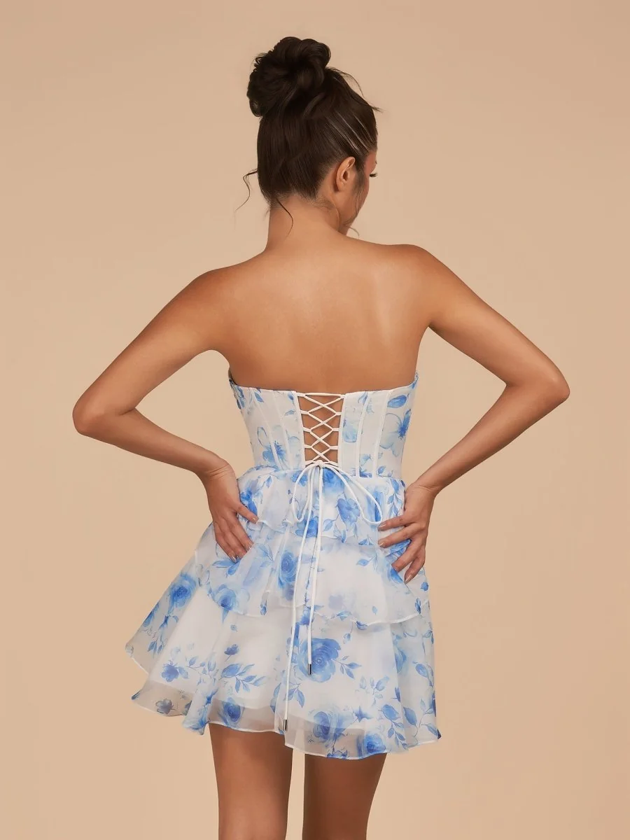 Blue Floral Chiffon A Line Strapless Homecoming Dress with Beads