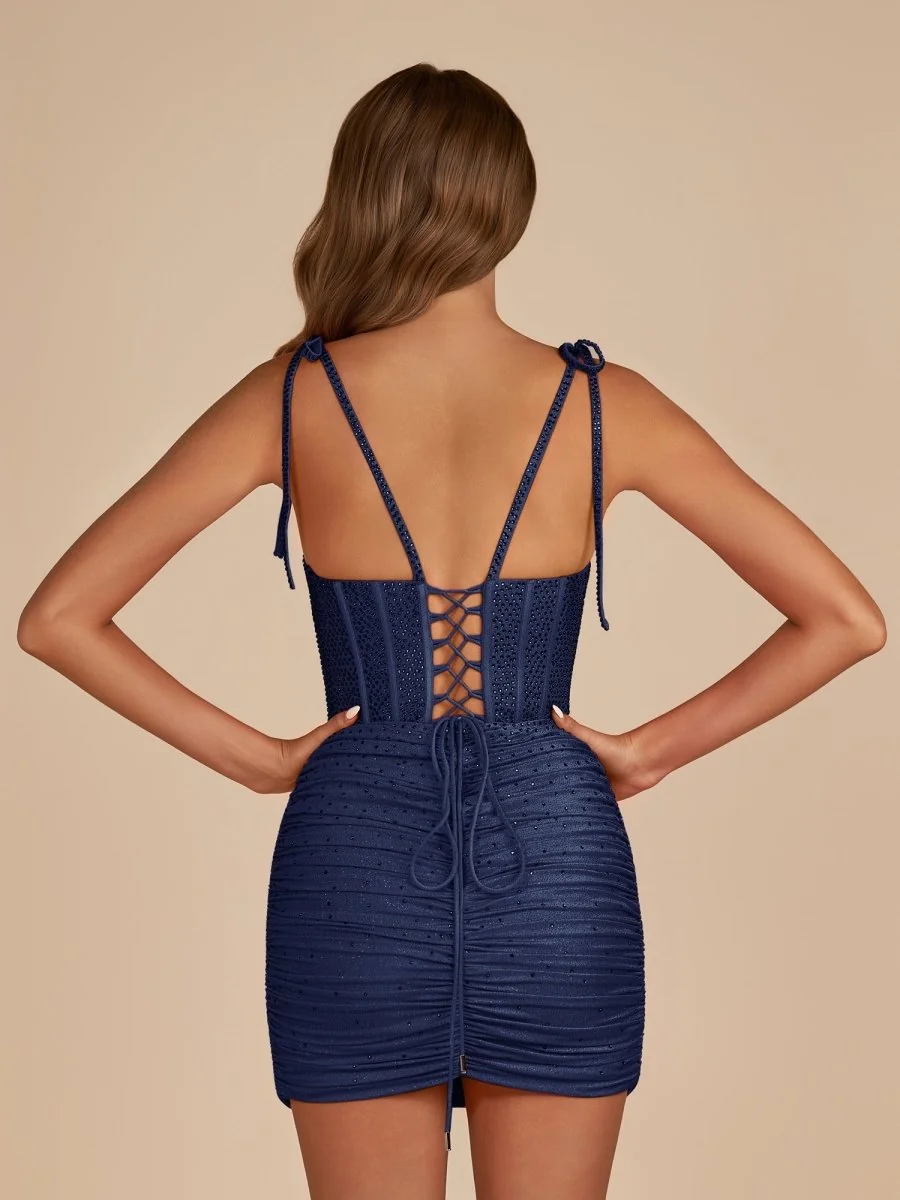 Navy Blue Satin Bodycon Scoop Neck Corset Homecoming Dress with Bow Straps