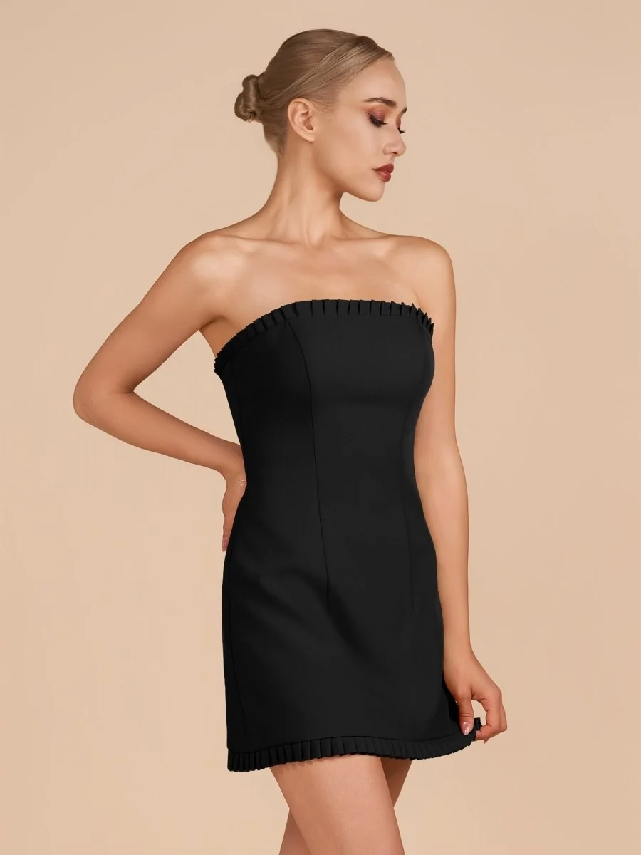 Strapless Black A-Line Ruffle Mini Dress