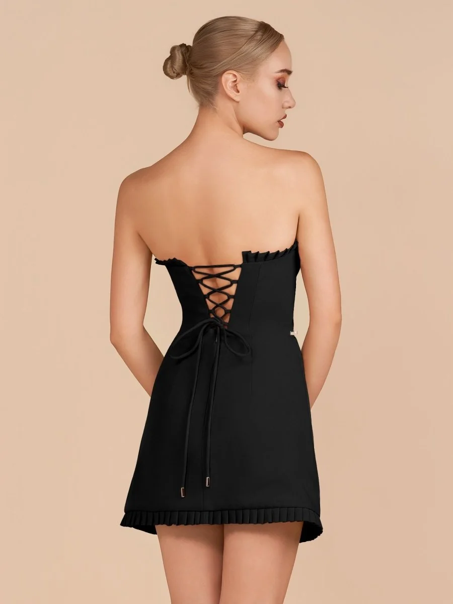 Strapless Black A-Line Ruffle Mini Dress