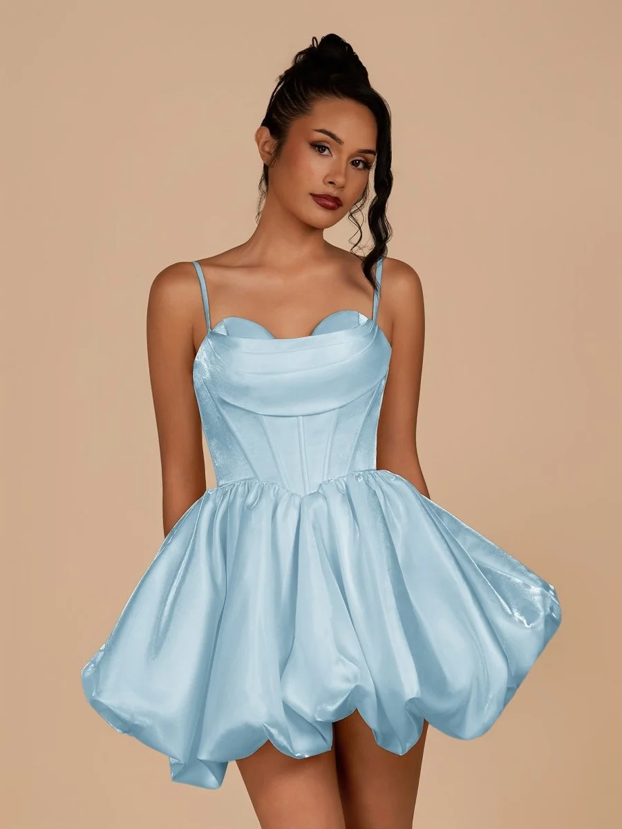 Sky Blue A-Line Bubble Hem Satin Corset Sweetheart Homecoming Dress
