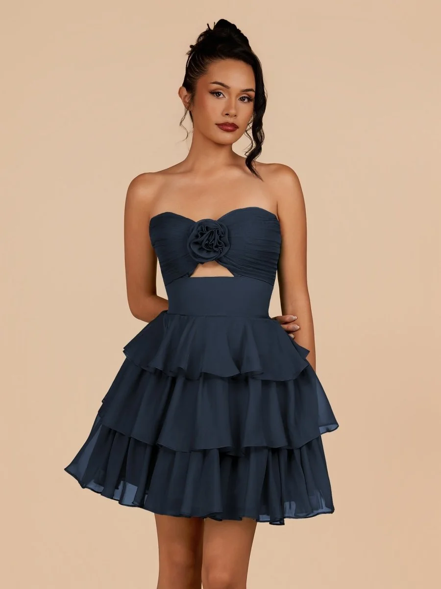 Navy Blue Strapless A-Line Chiffon Homecoming Dress With Ruffles