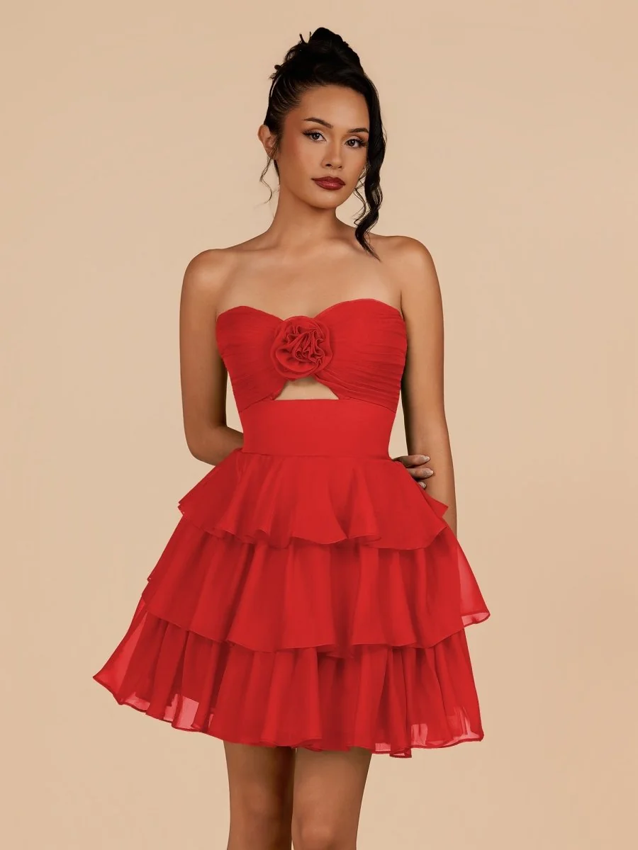 Strapless Red A-Line Chiffon Homecoming Dress with Ruffles