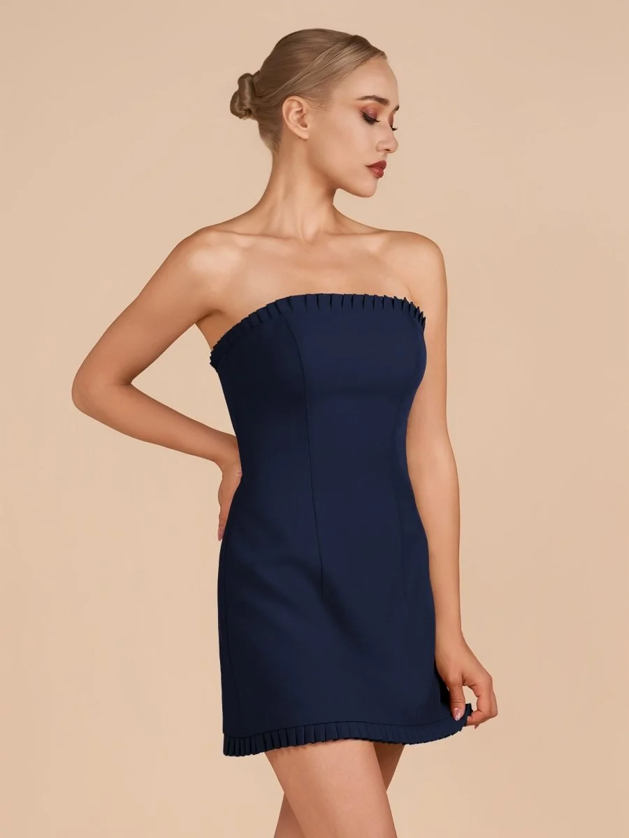 Strapless A-Line Ruffles Short Navy Blue Homecoming Dress